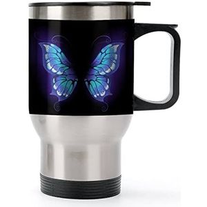 Paarse Vlinder Vleugels op Zwarte Reis Koffiemok met Handvat & Deksel Rvs Auto Cup Dubbelwandige Koffiemokken