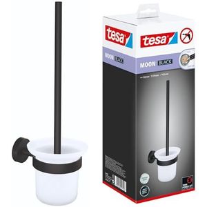 tesa MOON BLACK Toilet-set met Houder en Wc-borstel, mat zwart, satijn glas - voor Badkamers in Industriële en Moderne Stijl - Zonder Boren, Zelfklevend - 379 mm x 112 mm x 145 mm