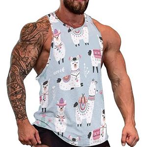 Cartoon lama alpaca heren tanktop grafische mouwloze bodybuilding T-shirts casual strand T-shirt grappige sportschool spier
