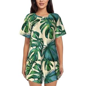 Groene bananenbladeren print dames zomer zachte tweedelige bijpassende outfits korte mouw pyjama lounge pyjama sets, Zwart, L