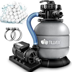 tillvex Zandfiltersysteem 7.900L/h + 400g Filterkogels | Zandfilterinstallatie filterinstallatie 7-weg ventiel & Adapter Ø32-38mm | Zwembadfilter met drukweergave | Zandfilter zwembad (Grijs)