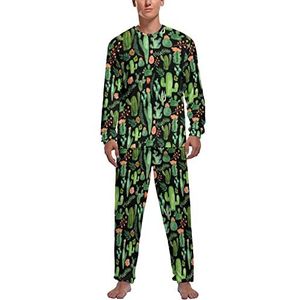 Groene cactus zachte heren pyjama set comfortabele lange mouwen loungewear top en broek geschenken XL
