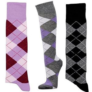 krautwear® Dames heren meisjes kinderen kniekousen 3 paar paardrijkniekousen rijkousen computerkniekousen ruitpatroon hoogwaardig gekamd katoen met een brede tailleband, lila/grijs + roze/braambe+zwart/grijs., 35/38 EU
