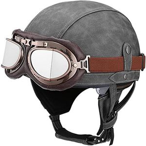 Motorhelm, Heren Dames Skull Cap Bromfiets Street Jet Scooter Open Helm met Pilotenbril, ECE-certificaat E,S=54-56CM(D,L=5961CM)