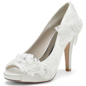 EICOFF Dames Hoge Hakken Platform Stiletto Pumps voor Bruids Satijn Peep Toe Kant Bloem Slip-op Sandalen Bruiloft Party Schoenen,ivoor,36 EU