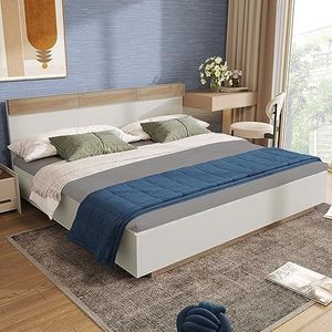 VSOGA Tweepersoonsbed, houten bed, zweefbed met hoofdeinde van bedframe en lattenbodem, 205 x 184 x 90,5 cm (D/B/h), set in eiken Sonoma/wit (zonder matras)