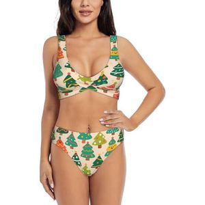 Zelinge Bikinitop met wikkelvoorkant en hoge taille onderaan, zomerzwempak met hoge taille, S-2XL, Leuke Kerstbomen Beige, S
