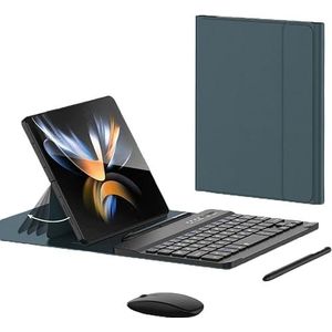 Verstelbaar draadloos toetsenbord + S Pen + muis + opvouwbaar lederen hoesje voor Samsung Galaxy Z Fold 4 / Fold 3 (groen)