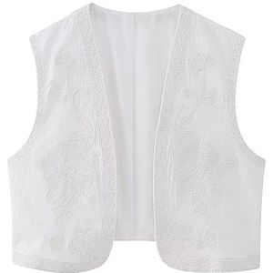 Dames vintage geborduurd vest crop topY2K mouwloos boho bloemenprint vest vintage open voorkant linnen gilet uitloper (kleur: wit, maat: M)