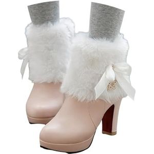 Warme Enkellaarsjes Met Pluche Kraag, Korte Dameslaarzen Met Hak Van 9 Cm, Elegante Enkellaarsjes Met Strik + Strass Pluche Gevoerde Snowboots, Sexy Enkellaarsjes Met Hoge Hakken(Pink,36 EU)