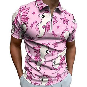 Roze Zeepaardjes Eenhoorn Half Zip-up Polo Shirts Voor Mannen Slim Fit Korte Mouw T-shirt Sneldrogende Golf Tops Tees 2XL
