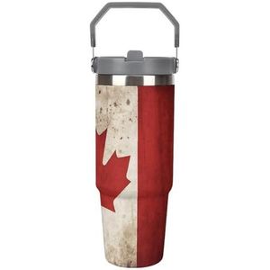 30 oz roestvrij staal geïsoleerde beker met klapdeksel en rietje, lekvrije reismok voor auto, retro Canadese vlag dubbelwandige vacuüm thermische koffiekop met handvat, morsbestendig ontwerp voor
