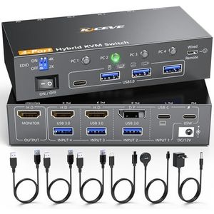 KVM Switch 1 Monitor 4 PC, 4K @60 USB C+ Displayport + HDMI KVM-schakelaar met 4 USB 3.0 poorten toetsenbord en desktopcontroller