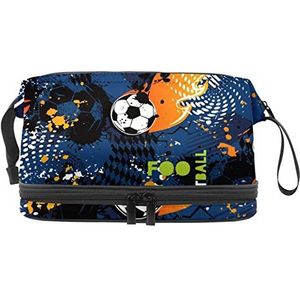 Donkerblauwe Voetbalmake-up Zak Dubbele Laag Ruime Cosmetische Zakken voor Vrouwen en Meisjes Reizen Draagbare Toiletry Pouch met Rits, Meerkleurig, 27x15x14 cm/10.6x5.9x5.5 in, Make-up zakje