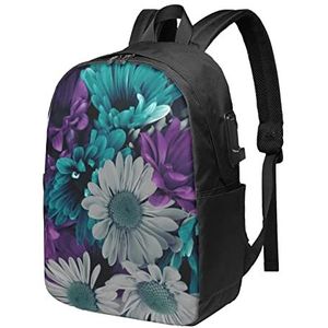 OUSIKA Paars En Teal Bloemen Laptop Rugzak Met Usb Opladen Poort Waterbestendig Casual Daypacks Reistas Voor Mannen Vrouwen, Zwart, One Size, Reizen Rugzakken