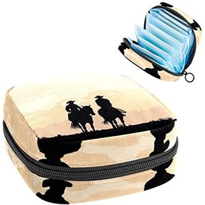 Opbergtas voor maandverband Pads, Menstruatie Cup Pouch, Periode Bag Organizer voor vrouwelijke Pads Tampons, Cowboy paardrijden paarden bij zonsondergang silhouet