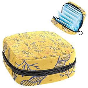 Periode Pouch Draagbare Tampon Opbergtas,Tampon Houder voor Portemonnee Vrouwelijke Product Organizer,Geel Zeewier Zeester Schelpen Koraal, Meerkleurig, 4.7x6.6x6.6 in/12x17x17 cm