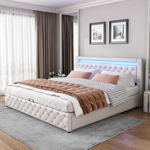 Aunvla Gestoffeerd bed, 180 x 200 cm, functioneel bed met lattenbodem en opbergruimte, LED-verlichting, met opslagfunctie, wit, PU