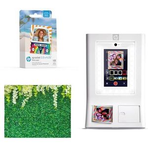 HP Sprocket Fotohokje Instant kleurenfotoprinter (Wit) + Zinkpapier (100 Vellen) + Bladeren Fotoachtergrond (1)