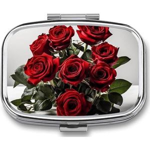 Boeket van Rode Bloemen Pillendoos 2 Compartimenten Vierkante Pillendoos met Spiegel Metalen Pil Organizer Reizen Pillendoos Mini Geneeskunde Opbergdoos voor Pocket Purse