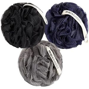 MainBasics Bad Douche Loofah Spons Poef Body Scrubber Exfoliator Body Wash Spons (Set van 3, Zwart Ice)