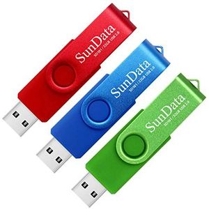SunData 3 stuks 32 GB USB-sticks, USB 2.0, geheugensticks, thumb drives, rotate metaal (3 gemengde kleuren: blauw, groen, rood)