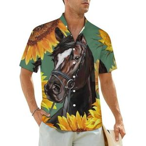 Paarden met zonnebloemen herenoverhemden korte mouwen strandshirt Hawaiiaans shirt casual zomer T-shirt M