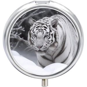 Ronde pillendoos witte tijger in de sneeuw print 3 compartiment geneeskunde pillendoosje print pillenorganisator decoratieve metalen draagbare pillendoos zak pillendoos