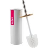 KADAX Toiletborstel van gepoedercoat staal, wc-borstel met houder, wc-garnituur met bamboe deksel, vrijstaande toiletborstel, bamboeborstel (wit, ovaal)