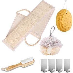 MYHXQ Bad Loofah Sponge SPA Set, Natuurlijke Loofa Back Scrubber Strap, Douche Loofah Spons, Honingraat spons, Natuurlijke Varkenshaar en Puimsteen Borstel, Gratis 4 Muurhaken