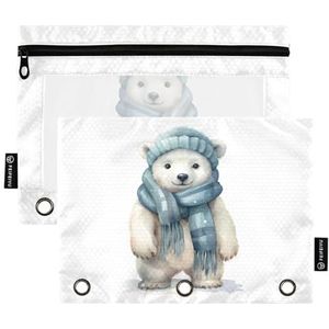 Kleine ijsbeer met sjaal potloodzakje voor 3 ringmappen, etui met ritssluiting en doorzichtig venster voor kantoor, 2 stuks, Meerkleurig, one sizex2, Etui