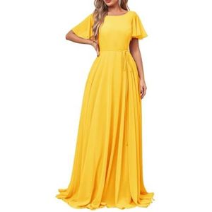 Damesjurken met korte mouwen, lange bruidsmeisjesjurk, chiffon, formele avondjurken met zakken, Mosterd Geel, 32