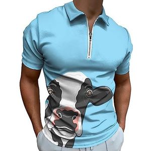 Zwart-wit Koe Portret Polo Shirt voor Mannen Casual Rits Kraag T-shirts Golf Tops Slim Fit