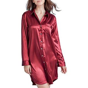 Nachthemd voor dames, satijnen nachtjurk, lange mouwen, nachtkleding met knoopsluiting, slaaphemd, vrijetijdskleding, bordeaux, L