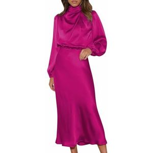 Elegante Satijnen Jurken met Lange Mouwen voor Dames, Formele Feest Maxi-jurk met Elastische Hoge Taille(Color:Rose red,Size:S)