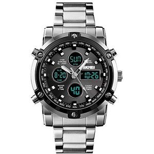 XKC-watches Heren en Dames Horloges, 1389 Multifunctioneel Heren Zakelijk Digitaal Horloge Grote Wijzerplaat Polshorloge met Roestvrijstalen Armband (Kleur: Zilver+Zwart), armband