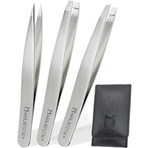 3 stuks pincetten set met lederen etui - roestvrij staal, schuin, rechte en puntige punt pincet - pincet met gemak, wenkbrauw- en neushaar, splinters en meer