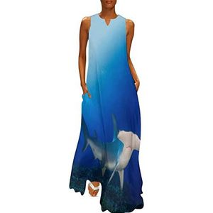 Blauwe hamerhaai dames enkellengte jurk slim fit mouwloze maxi-jurk casual zonnejurk 4XL