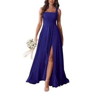 KURFACE Chiffon bruidsmeisjesjurken met split ruches lange bruidsmeisje vloerlengte formele avondjurk, koningsblauw, 32