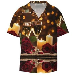Rode roos en wijn romantische liefhebbers print herenoverhemden atletisch slim fit korte mouw casual zakelijk overhemd met knopen, Zwart, XXL