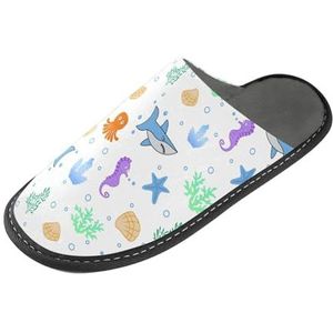 LI ZHI XIN Volwassen Pluche Slippers Dames Flanel Warme Huis Schoenen Met Antislip Mens Indoor Slippers Met PVC Zool Maat 4-11 Oceaan Haaien Zeepaardjes Zeewier, Meerkleurig, 4/5 UK