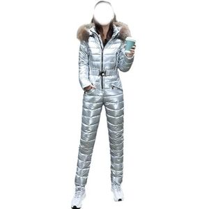Waterdicht Skipak for Dames, Winterse Eendelige Sneeuwpak Met Bontkraag, Capuchon en Winddichte Isolatie(Silver,XXL)