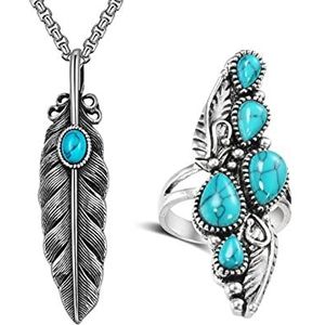 Veerblad Turquoise Hanger Zilver Titanium Staal Vintage Punk Gothic Lange Veer Ketting, Vintage Blauw Synthetische Turquoise Ring Teardrop-vormige stenen Ring