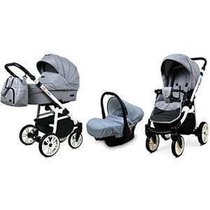 BabyLux Lux 3 in 1 Baby Reis Systeem Kinderwagen Autostoel Sushade Regenhoes Voetenzak Dragende Wielen Pasgeborene tot Baby Silver Flex White Frame