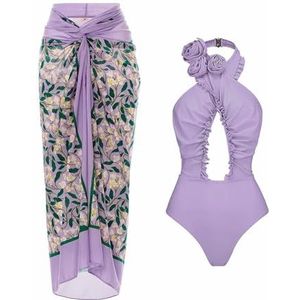Handgemaakte Bloem Halter Kruis Eendelige Bikini en Bloemenprint Wikkelrok Sarongs Badpakset voor Seaside Holiday Spa(Color:Purple,Size:M)