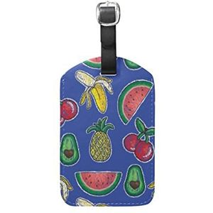 Fruit Banaan Blauw Cartoon Lederen Bagage Bagage Koffer Tag ID Label voor Reizen (3 Stks), Patroon, 12.5(cm)L x 7(cm)W