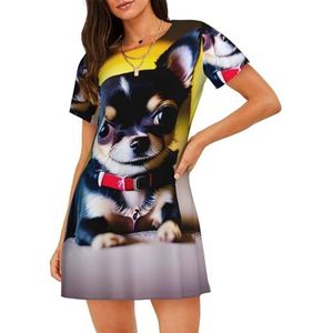 Yyoretp Chihuahua katoenen nachthemd voor dames, met hondenprint, korte mouwen, nachtkleding, casual nachthemd, comfortabele pyjama, Zwart, M