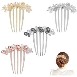 Sunjiyan 4 STKS Bloem Strass Haarkammen Kristal Opaal Haar Zijkammen Vrouwen Strass ingelegd Bloem Haar Kam Metaal met Lange Tanden Bun Slides voor Vrouwen Meisjes Bruiden