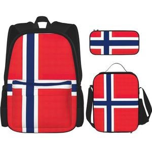 OKFSTY Noorse Vlag 3 stks Rugzak, 16 inch Jongens Voorschoolse Elementaire Boekentas en Lunch Box Lichtgewicht, Zwart, Eén maat, Schooltas Set