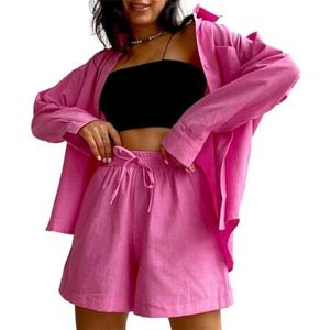 Leader of the Beauty Dames zomer tweedelige outfit lange mouw shirt top en shorts broek sets casual gym sportkleding sets, rozerood, S